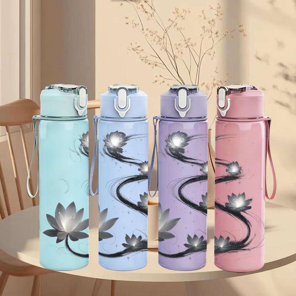 1PC Lotus Ink Line Art 750ml Color Plastic Sports Water Bottle Leakproof Flip Straw Lid For Sports Office Home Use