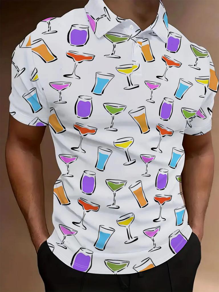 Men'S Short-Sleeve Polo Shirt with Flat Digital Print Pattern - Textured-Free - Colorful Wine Glass Design Print, Stylish And Easy Short Sleeves,