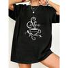 Coffee And Faith Oversized T Shirt Black Coffee Cup With Elegant Swirls And Text Design Casual Everyday Wear For Women
