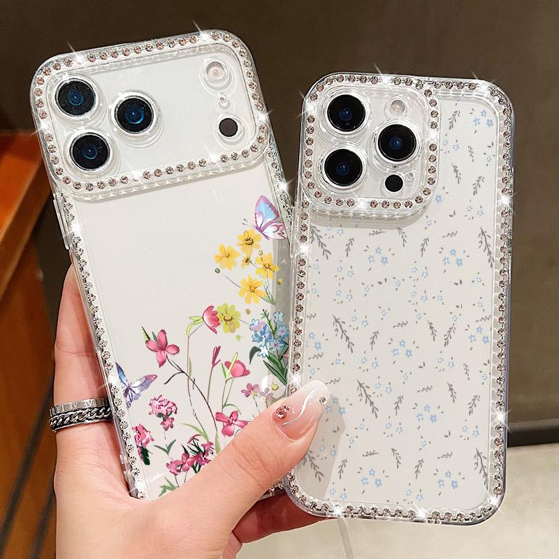 Противоударный чехол из ТПУ с цветочным принтом для iPhone 17 Pro Max 16e 16 15 14 13 15 Pro 17 ТПУ Блестящий бриллиант Мягкий силиконовый чехол для телефона
