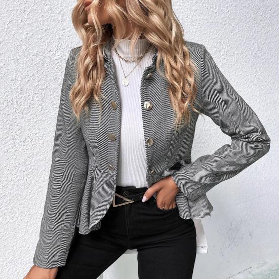 Женский повседневный пиджак с лацканами, длинный рукав, двубортный пиджак с оборками и полосатым принтом, деловая верхняя одежда