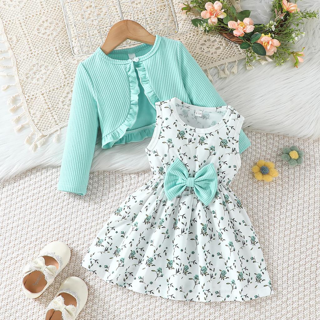 6M-3Y Baby Set Children's Clothing Floral Dress Autumn Children's Long-sleeved Dresses Bow Skirt Long-sleeved Jacket Set