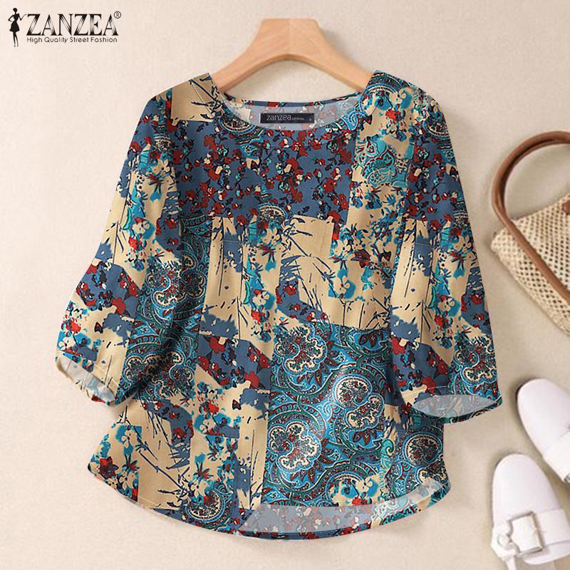 ZANZEA Women Casual O-neck 3/4 Sleeve Loose Print Cotton Blouse