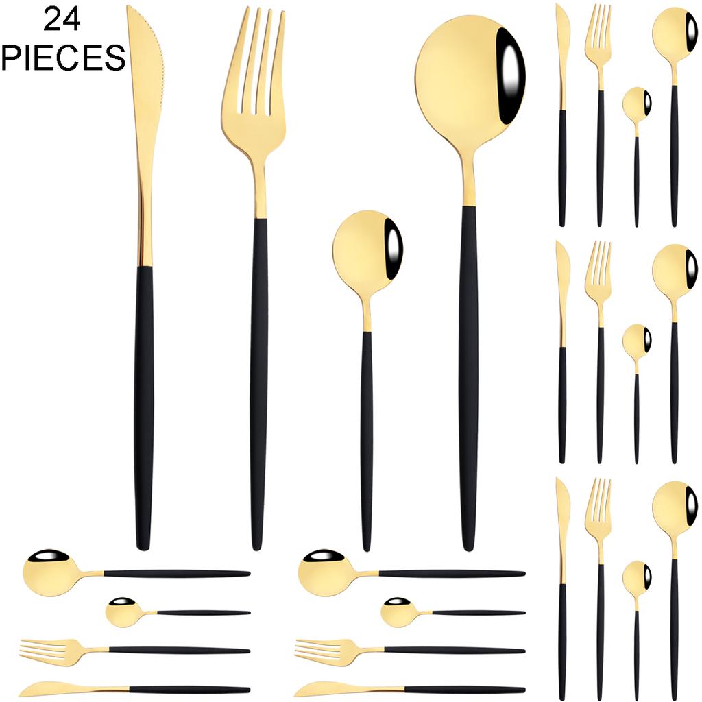 Gold 24Pcs Dinnerware Cutlery Set Knife Fork Coffee Spoon Tableware Set Mirror Stainless Steel Flatware Western Kitchen Silverware