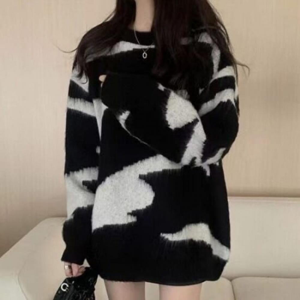 Navava Women Vintage Color Block Round Neck Long Sleeve Knit Sweater Nk3563