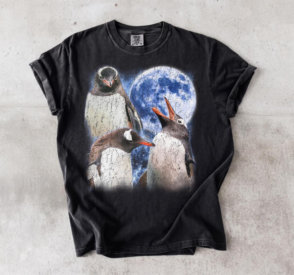 Penguin Moon Graphic Tee, Starry Night Sky, Retro Animal Lover Gift