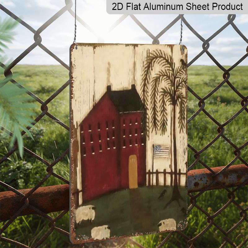 2D Flat - Independence Day Aluminum Metal, American Flag Rural House Design, Measuring 8X12 Inches, Rural Style Home Decor Sign & Plaque, Memorial
