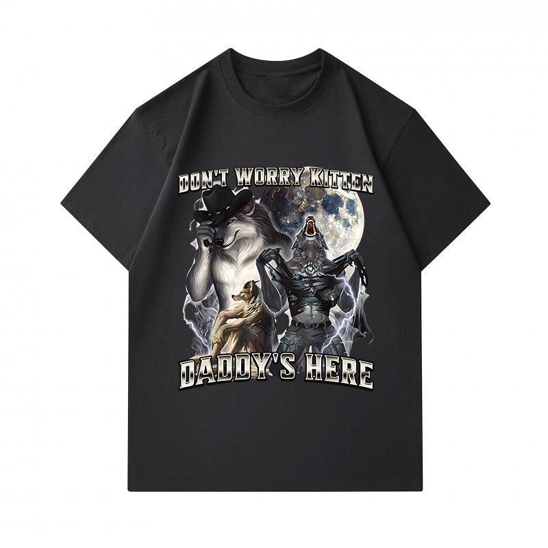 Men's 100% Cotton Crew Neck Short Sleeve T-Shirt, Funny Alpha Wolf Don't Worry Kitten Daddy's Here Graphic Casual Tees, Unique Novelty Werewolf Print