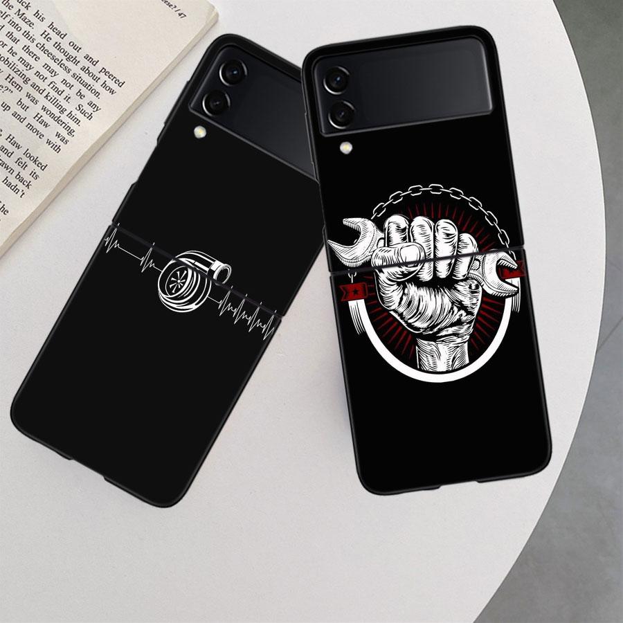 Car Parts Auto Mechanic Phone Case For Samsung Z Flip 7 6 5G Galaxy Z Flip 5 4 3 Black Hard Cell Cover Luxury PC Shell Coque