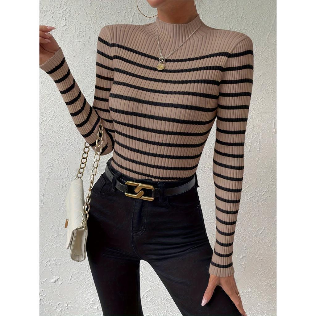 Узкий свитер с воротником-стойкой в полоску, стильный свитер с длинными рукавами и резинкой для осени и зимы, женская одежда