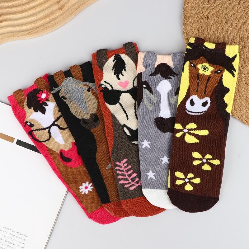 1/5 пар Женские мультяшные носки с принтом лошадей и животных, смешным узором лошадей, длинные носки в стиле комикс, уличные носки для скейтборда