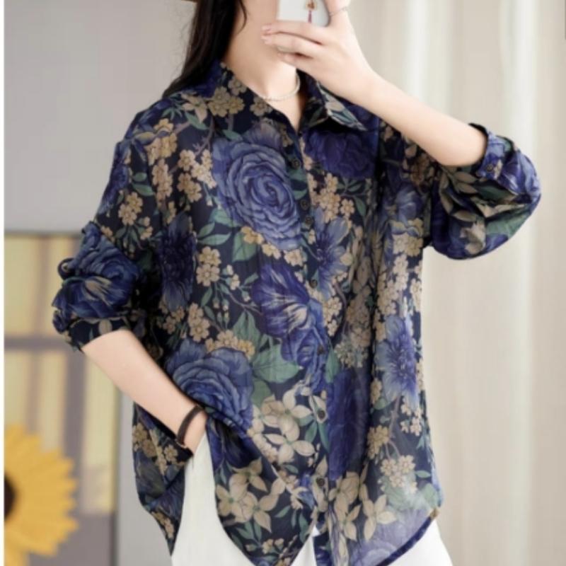DIMANAF Плюс Размер Весна Шифон Рубашка Длинный Рукав Женская Блузка Модные Цветочные Топы Свободные 2025 Новинка