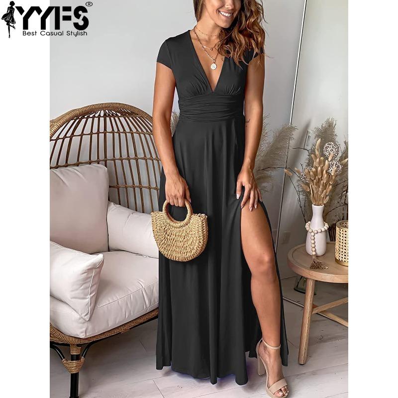 YYFS Women's Fashion Summer Spring Short Sleeve High Waist V-Neck Cocktail & Evening Dresses