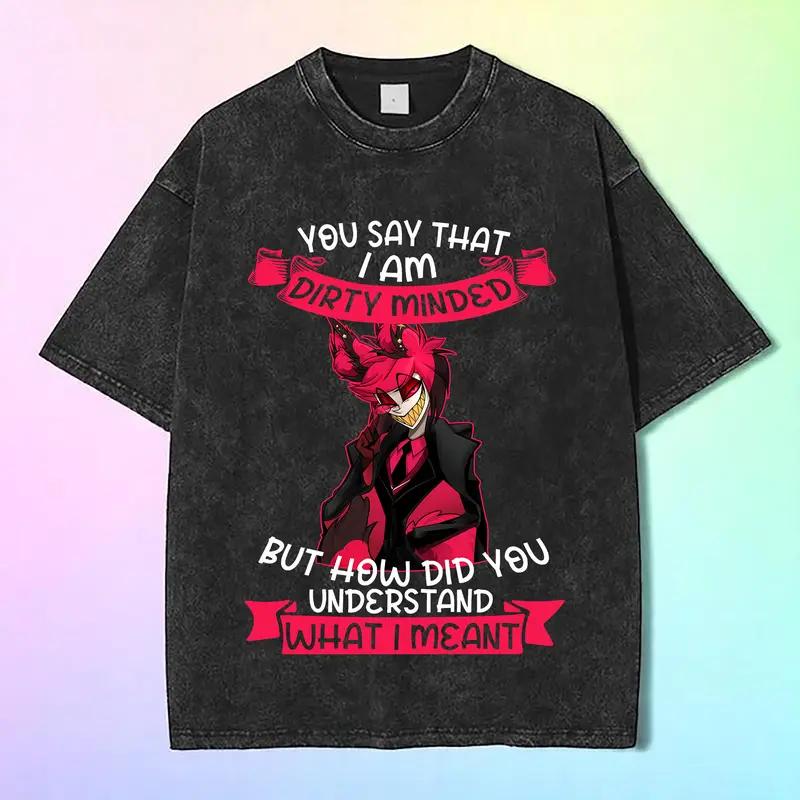 Alastor Hazbin Hotel Cartoon Tshirt Men Women Clothing Gothic Yk Vintage Washed Oversized T shirt High Quality Cotton Tee Tops