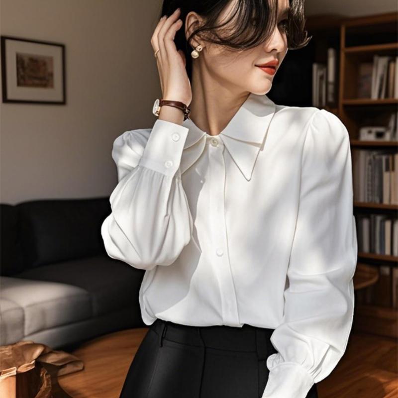 Белая рубашка с длинными рукавами, женская весенняя универсальная рубашка с рукавами-фонариками