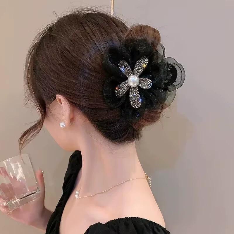 Large Summer Lace Edge Bow Claw Clip Hair Accessory for Women - Multi-Layer Feather Design