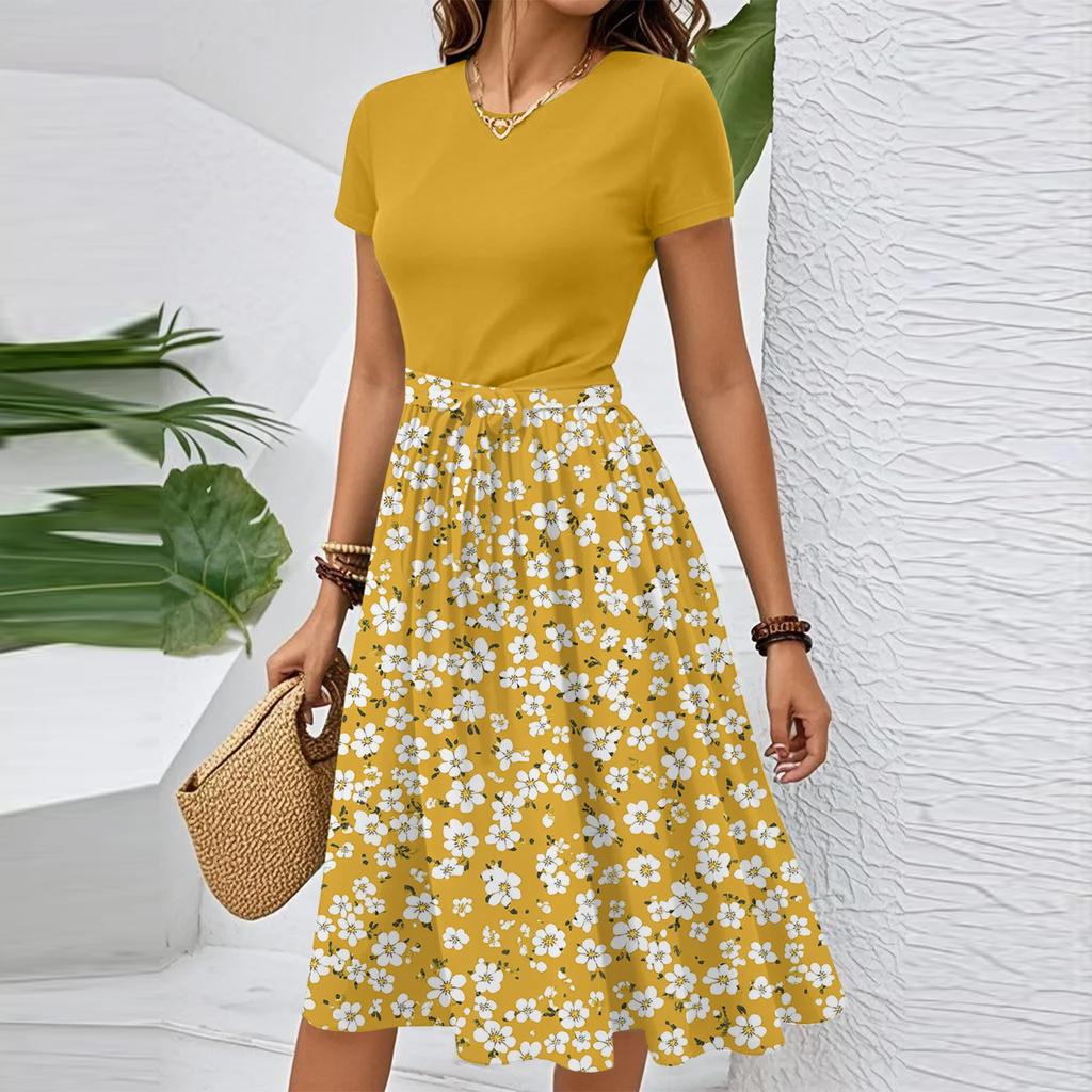 Women's Casual Fashion Belted Floral Print Short Sleeve Round Neck Elegant Dress