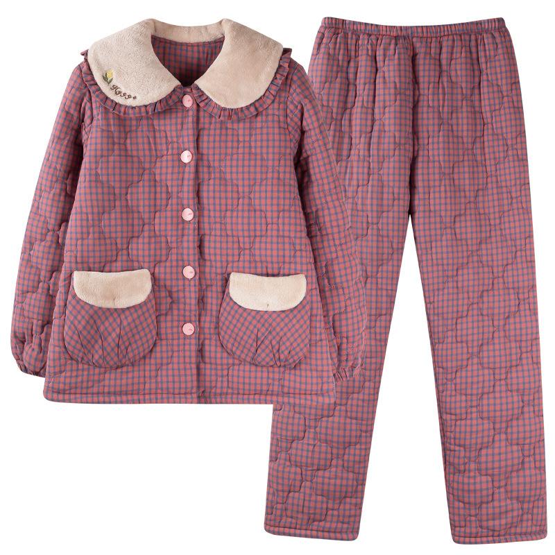 Пижама женская зимняя бархатная трехслойная утолщенная тканая чистый хлопок с хлопковой подкладкой осень-зима для мамы среднего возраста стеганая куртка домашняя одежда