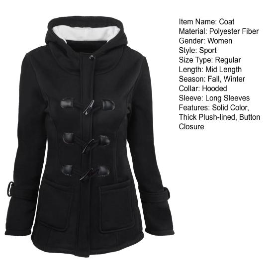Fall Winter Coat with Side Pockets Solid Color Hooded Horn Button Closure Long Sleeve