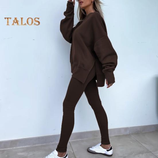 2 шт./комплект женский топ брюки костюм круглый вырез длинный рукав асимметричный подол толстовка эластичный пояс однотонные брюки зимний повседневный спортивный костюм