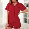 Women’s Sleeping Suits Rayon Short Sleeves Pajamas Button Up Piped Shirt and Shorts 2 Pieces Set Summer Home Night Sleep Casual Lounge Wear