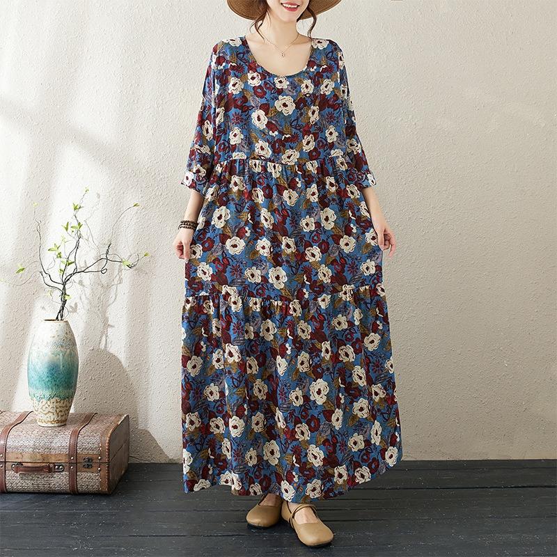 Осеннее тонкое хлопковое льняное длинное платье с цветочным принтом, круглым вырезом, длинным рукавом, свободным узким широким подолом, А-силуэт для женщин
