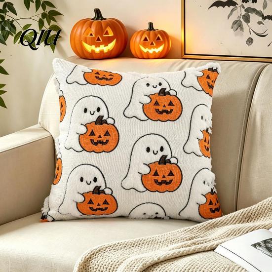 Spooky Halloween Party Decor Ghost Pumpkin Cushion Cover, Throw Pillow Cute Covers Embroidered Case, Soft Plush Pillowcase for Couch Sofa Bedroom