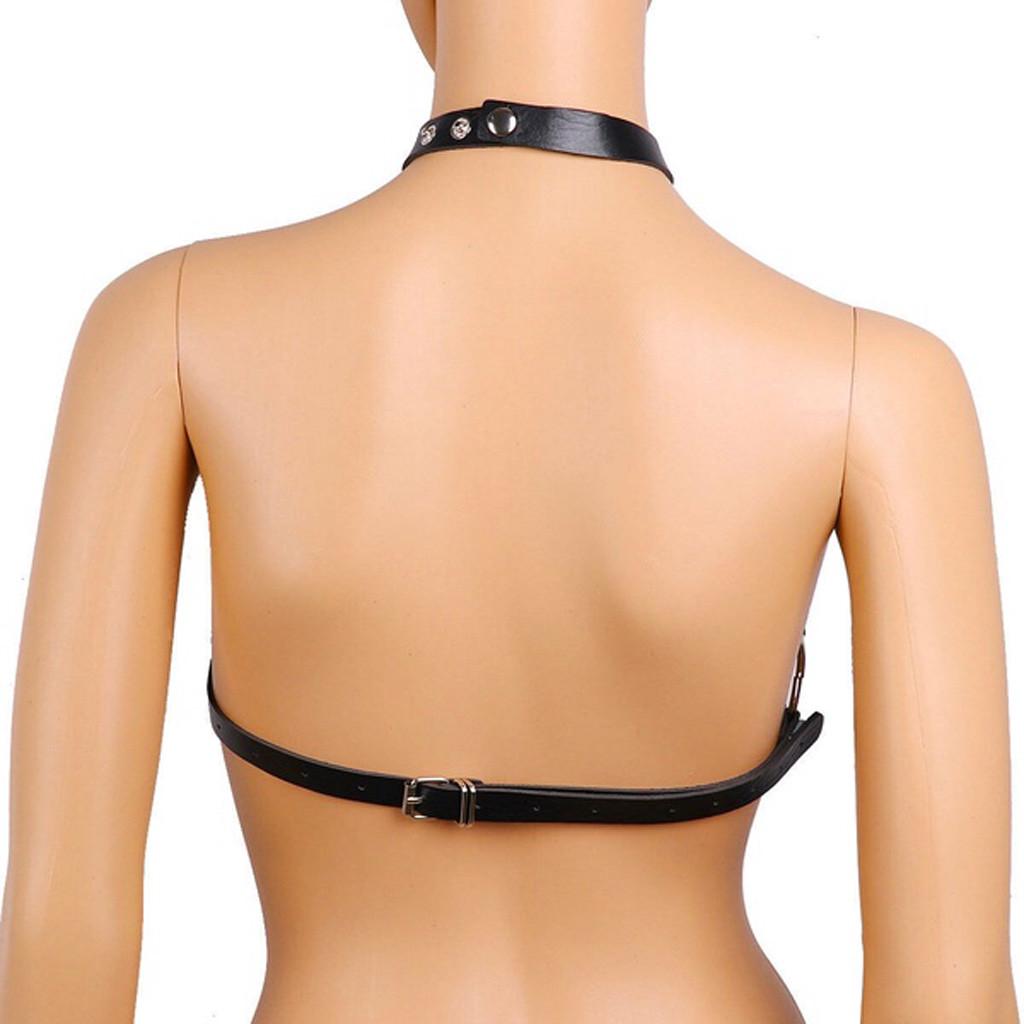 New Black Sexy Women Goth Lingerie Leather Halter Neck Body Bondage Cage Bra