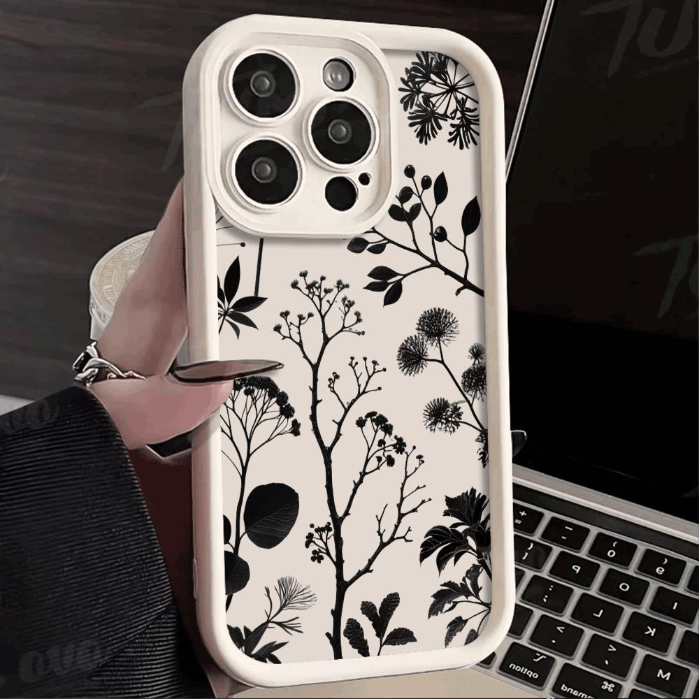 Черный Чехол для Телефона с Узором Силуэтов Растений для IPhone 14 15 16 Plus 13 12 11 16 Pro Max 12 Mini XS Max Мягкая Крышка Защита от Царапин