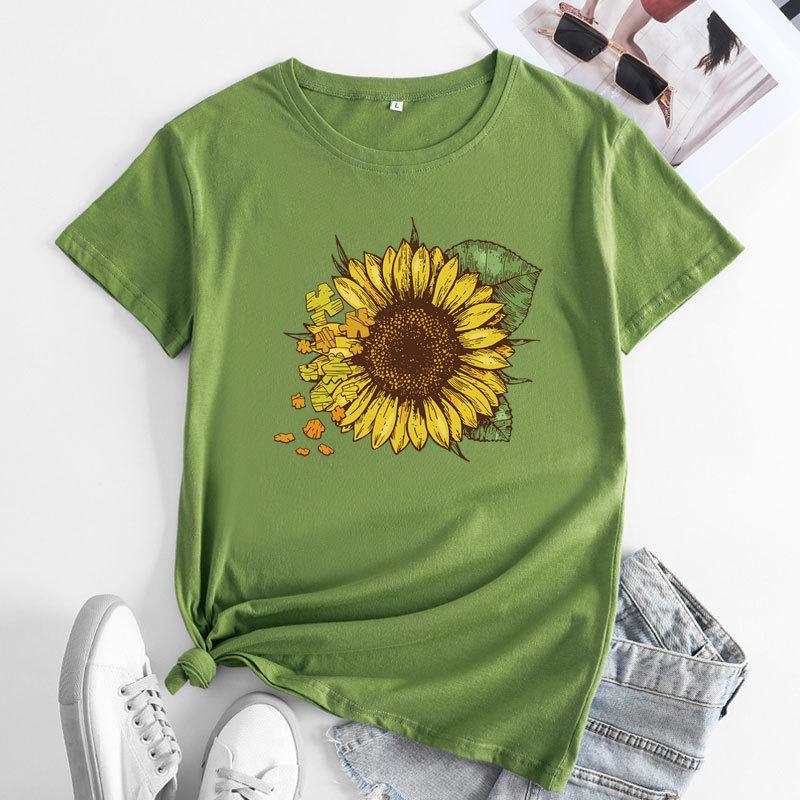 Summer Round Neck Sunflower Pattern Printed Top Fashionable Casual Short Sleeved Women's Pure Cotton T-shirts
