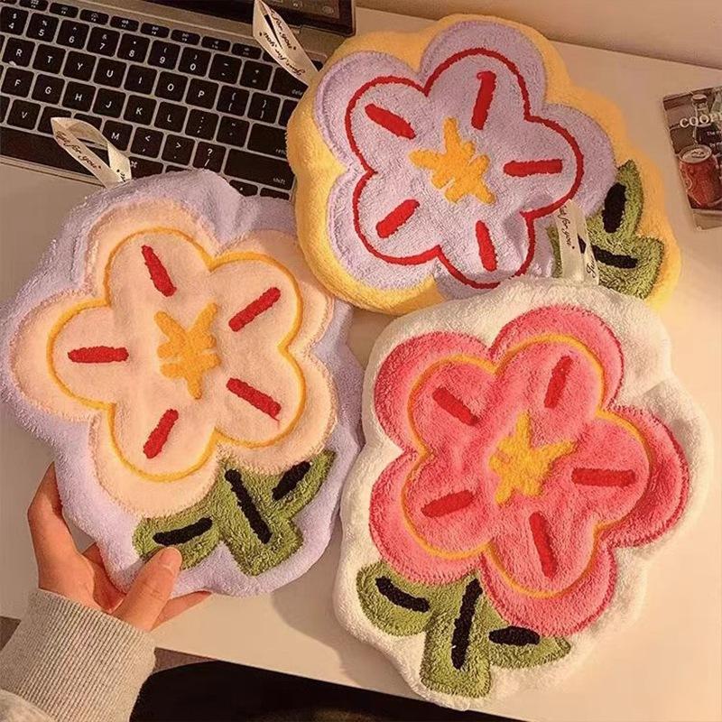 Flower Shape Hand Towel Super Absorbent Cleaning Cloth Bathroom Kitchen Hanging Hand Wipe Thicken Handkerchief Dishcloth