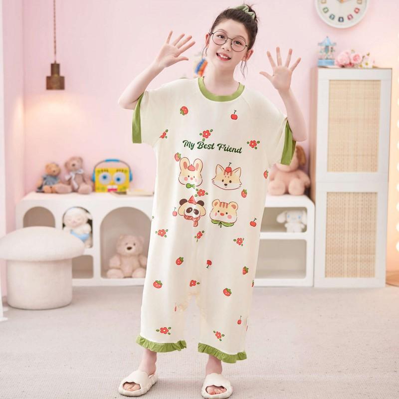 Tencel Girls One-Piece Short Sleeve Pajamas Lightweight Sleepwear Kids Anti-Kick Blanket Home Wear