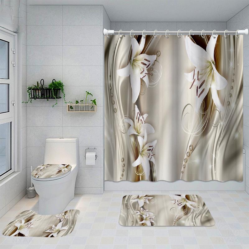 Набор занавесок для душа в ванной комнате Сиденье для унитаза Коврики и коврики для ванной Нескользящие ковры Чехлы для унитаза Водонепроницаемая занавеска для ванны с 12 крючками Домашний декор Ванная комната