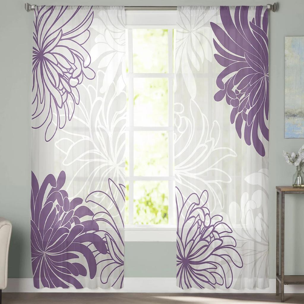 Purple White Flower Floral Chrysanthemum Tulle Curtains Modern Living Room Kitchen Chiffon Curtain Bedroom Sheer Valance Curtain