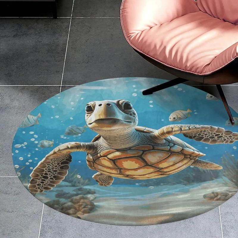 Cartoon Sea Turtle Round Rug Washable Area Rugs Indoor Circle Door Mat Soft Non-Slip Carpet for Living Room Bedroom Dining