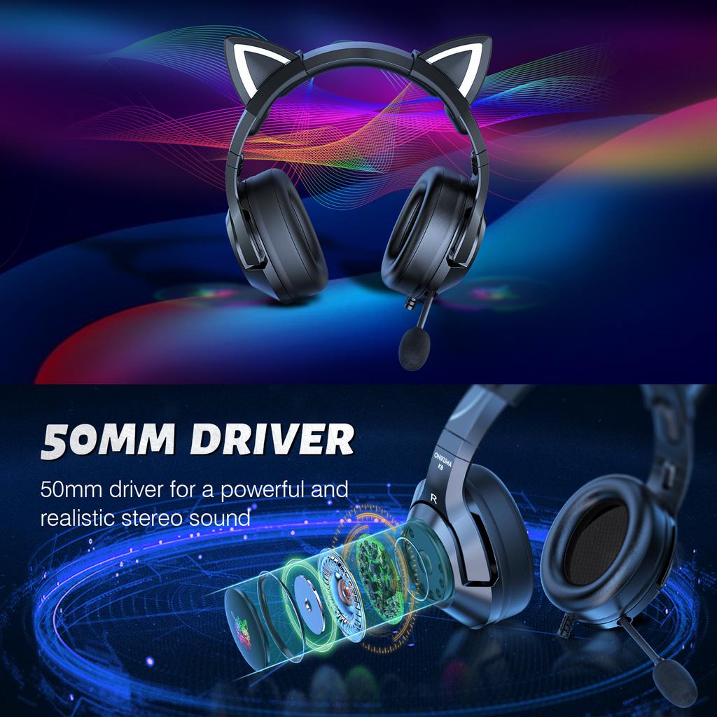 K9 Gaming Headset, Wired Over-Ear Headphones with Detachable Cat Ears, Noise Cancelling Microphone, RGB Backlight, Surround Sound for PC PS5 PS5 Xbox