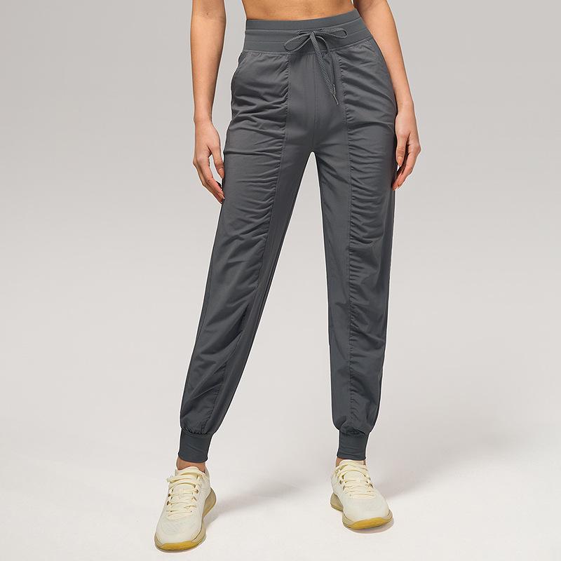 Women's Quick-Dry Pleated Sports Pants - Summer Running, Fitness, Casual Straight-Leg Design with Drawstring.