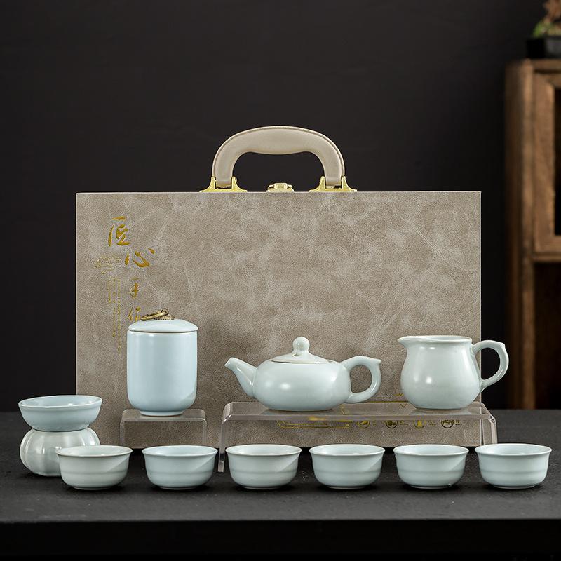 Mid-Autumn Festival Gifts Ru Kiln Tea Set Home Office Ceramic Gift Box Complete Set Tea Set Teapot Cover Bowl Full Set