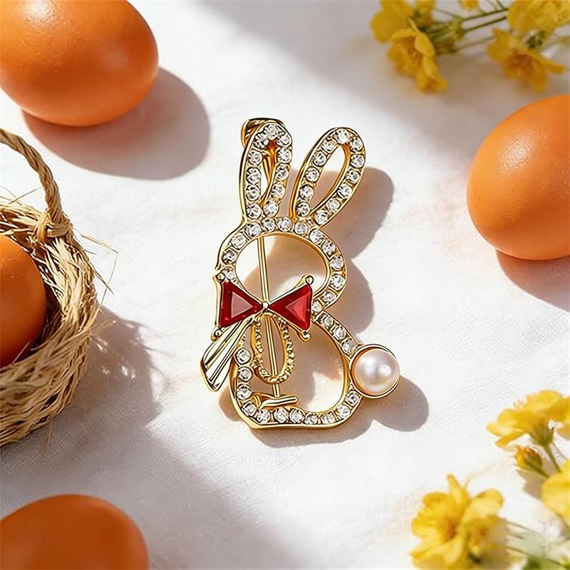 Cute Creative Pink Bowknot Rabbit Brooches For Women Pearl Lapel Pins Jewelry Clothing Accessories