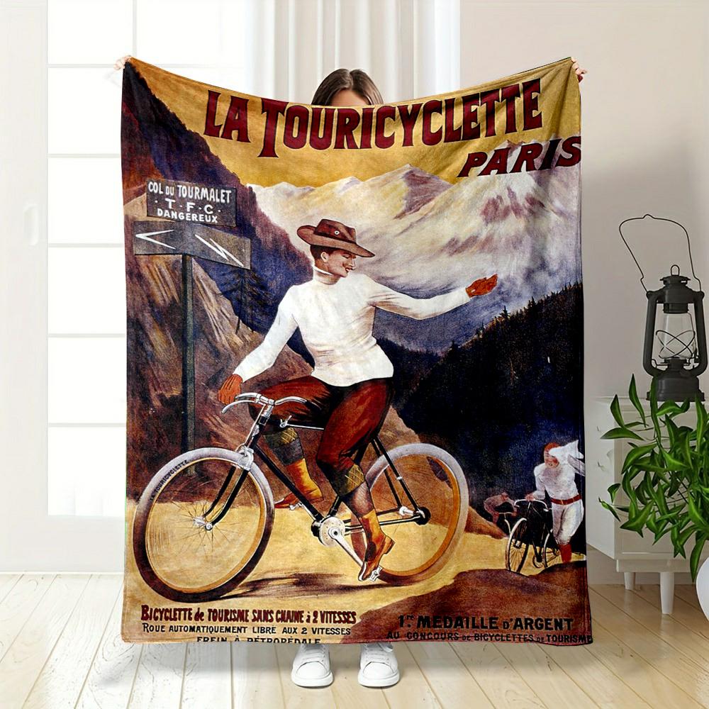 Vintage Cycling Poster with Mountain Scenery Patterned flannel blanket perfect for the bedroom living room, sofa, or a little nap