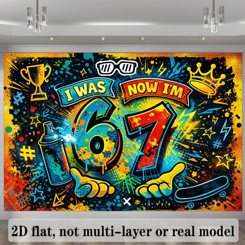 Background cloth for a 2D6 - 7th birthday party, with a graffiti style theme, featuring skateboards, lightning, and stars.
