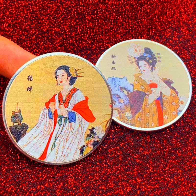 Chinese ancient beauty Diao Chan silver plated painted commemorative medal, Princess Yang Yuhuan coin, 45mm commemorative coin
