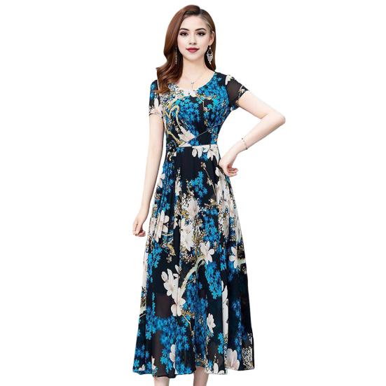 Летнее женское платье трапециевидной формы с цветочным принтом, большой подол, высокая талия, короткие рукава, круглый вырез, плиссированное платье до середины икры, официальное вечернее платье миди для поездок на работу