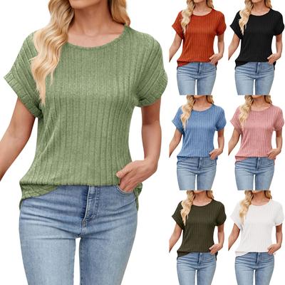 Женская мода однотонный круглый вырез повседневный короткий рукав пуловер футболка топ