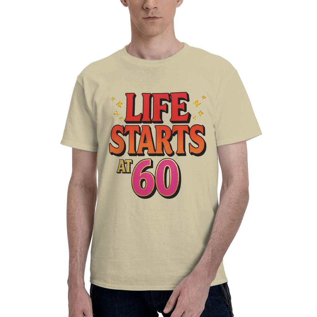 Happy Life starts at 60 Men T Shirts 60 Birthday Awesome Tees Short Sleeve Round Collar Cotton Original Tops TShirt