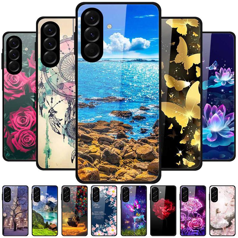 Закаленное Стекло Чехол для Телефона для Samsung Galaxy S24 FE Чехол Жесткая Поликарбонатная Задняя Крышка Оболочка для Galaxy S24FE S 24 FE 5G Жесткие Чехлы Цветок