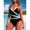 Black & White Color Block V Neck One-piece Swimsuit, Stretchy Retro Slimming Bathing Suits, Women's Swimwear & Clothing