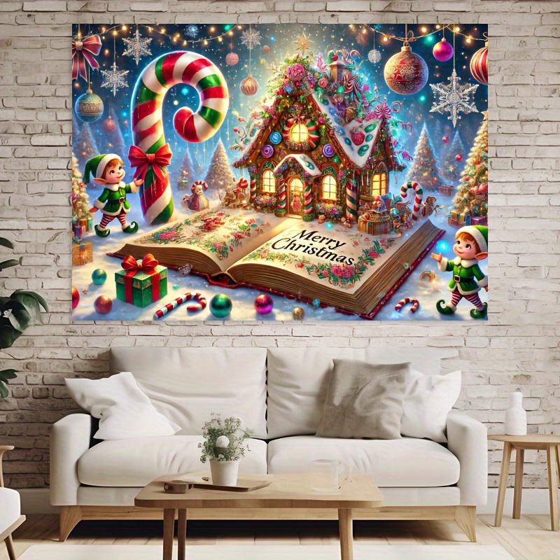 Charming gingerbread house Christmas background with candy canes and trees - polyester fiber photography background festive