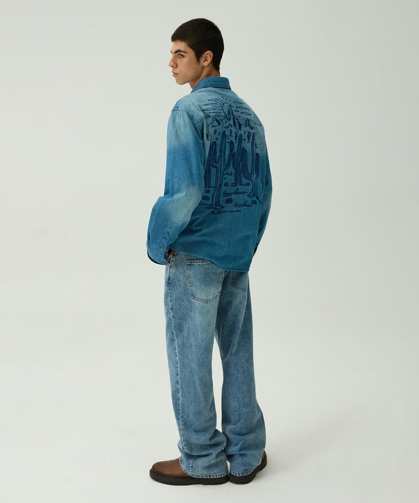 MAGOODGAN Рабочая 2119 Ковбойская вышитая стандартного кроя джинсовая рубашка среднего индиго