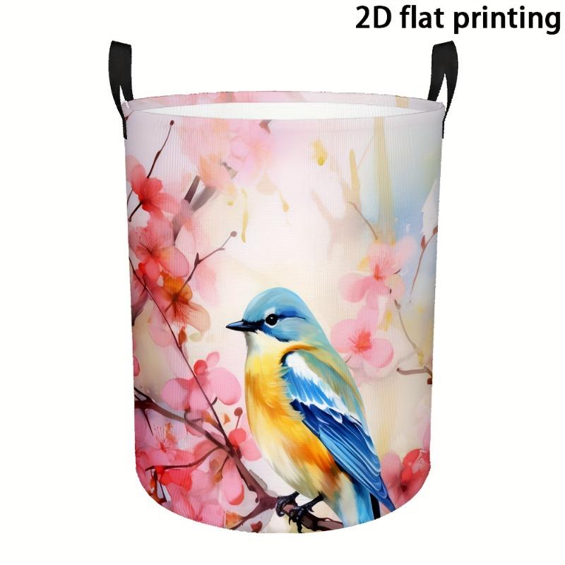 1pc Laundry Basket, Cherry Blossom And Blue Bird Pattern Dirty Clothes Basket with Black Handle - Foldable Space-Saving Design, Decorative Storage Sol